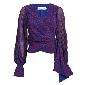Self-Portrait Blouse Blue Pattern Chiffon Sheer Long Sleeve Wrap New